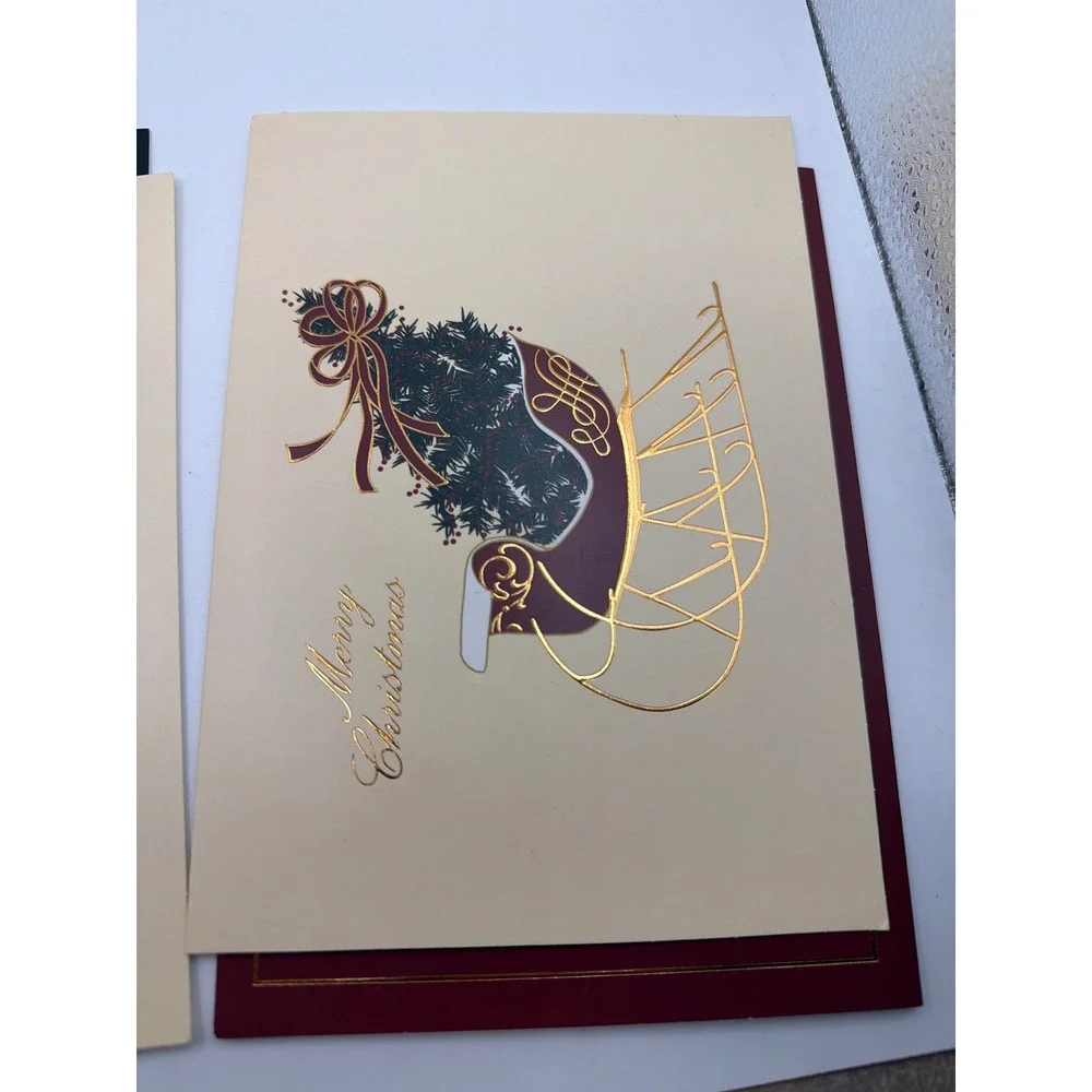 Assorted Christmas Holiday Greeting Cards Gold Foil Sleigh Ornaments Set of 4